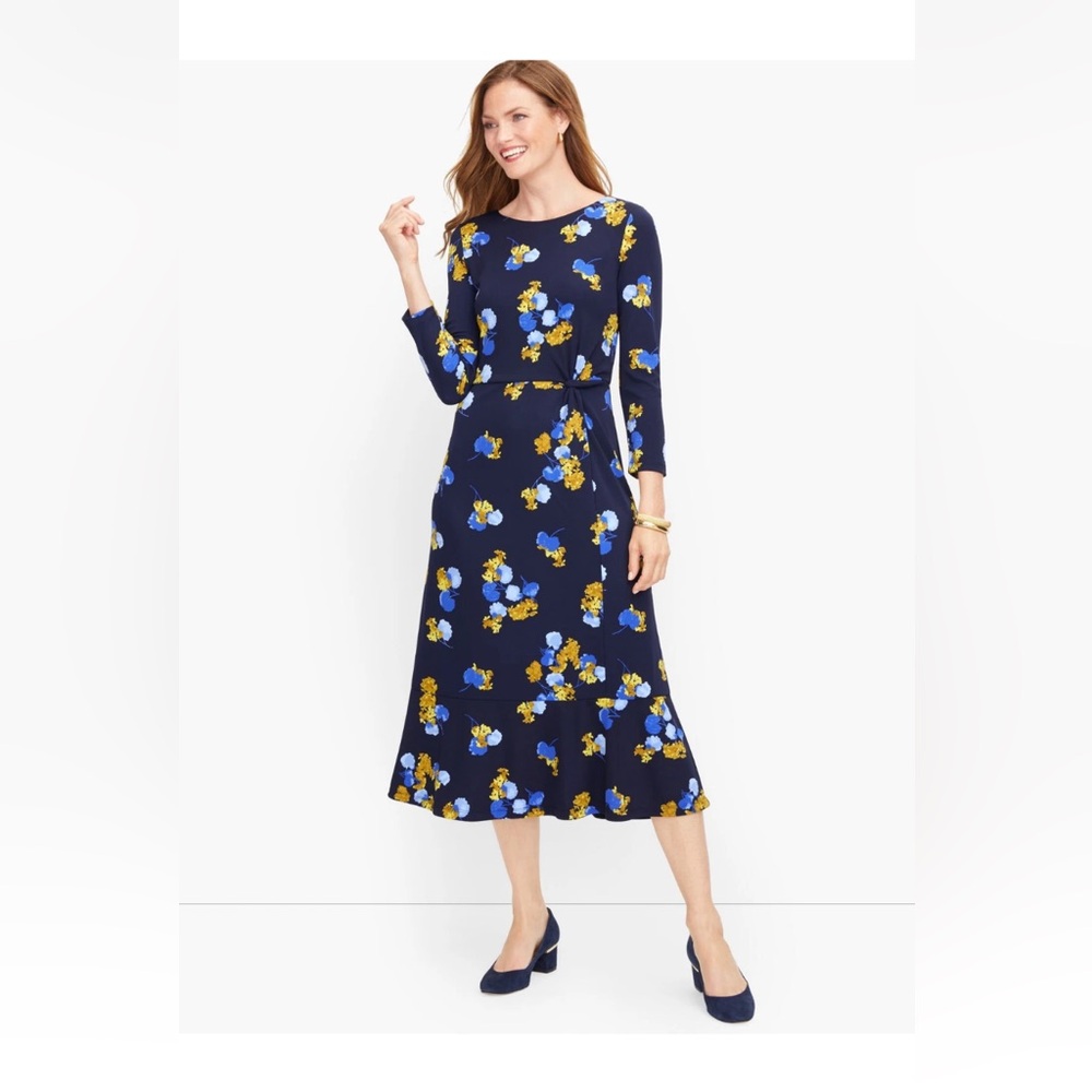 Talbots Navy Dress with Blue and Gold Floral Print